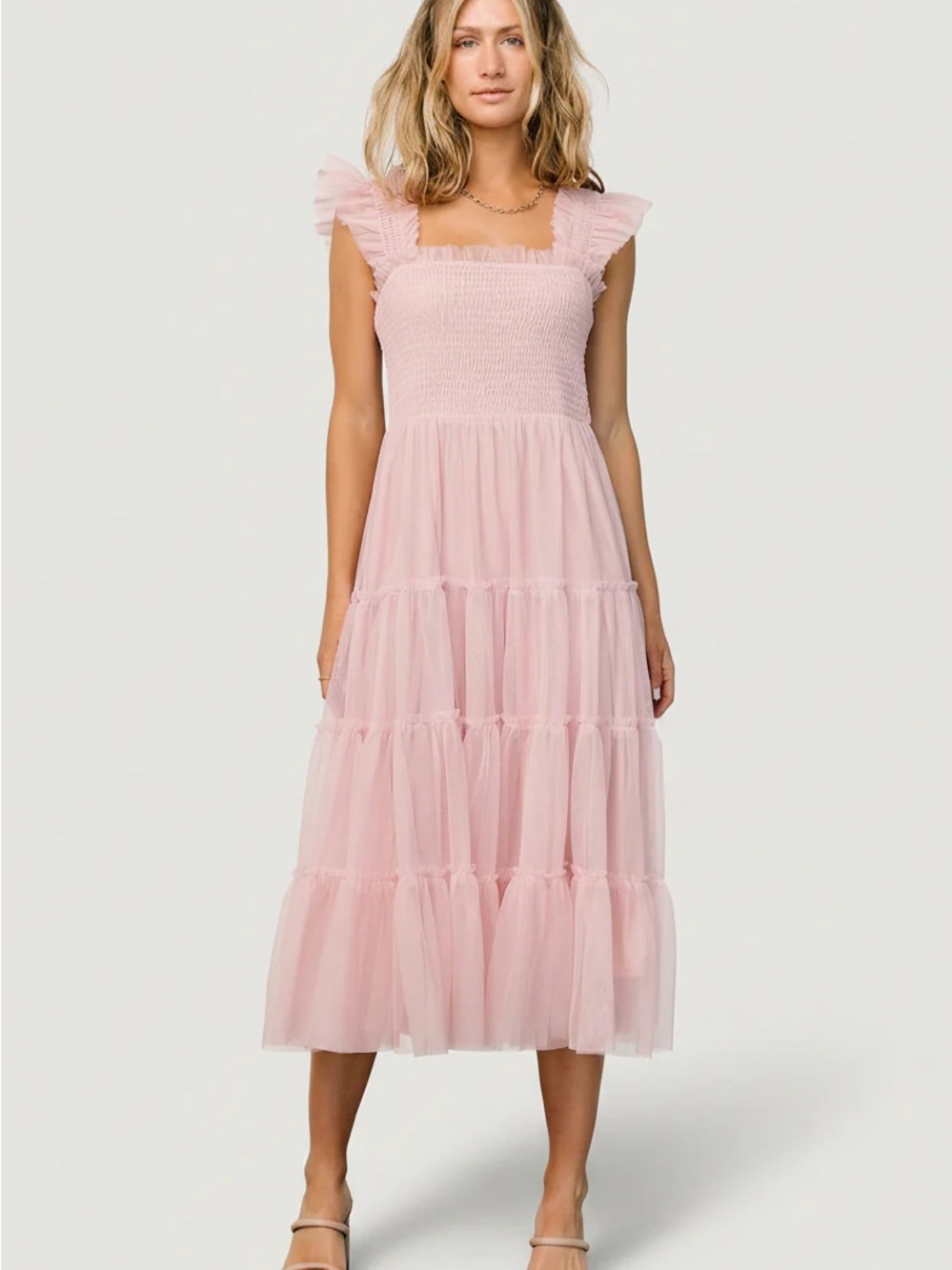 Baltic Born Pink Smocked Tiered Tulle Midi Dress